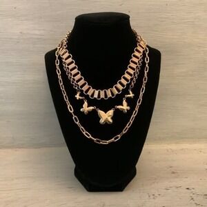 Gold Tone Tri Layer Statement Chain Necklace w/ Rhinestone Butterflies GC